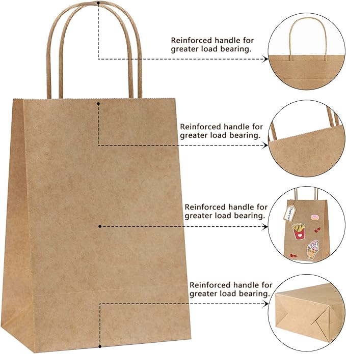 REMTAP Gift Paper Bags 5.9×3.2×8.2 100pcs Kraft Bags with Handles Bulk Gift Bag for Wedding Party Craft Retail Packaging, Shopping, Party Favor, Retail Bag (Brown-S-100pcs, 5.9×3.2×8.2)