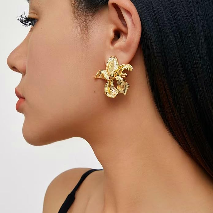 Gold Flower Statement Earrings for Women, Large Chunky Bohomian Summer Beach Floral Earring, Irregular Bold Exaggerated Earrings