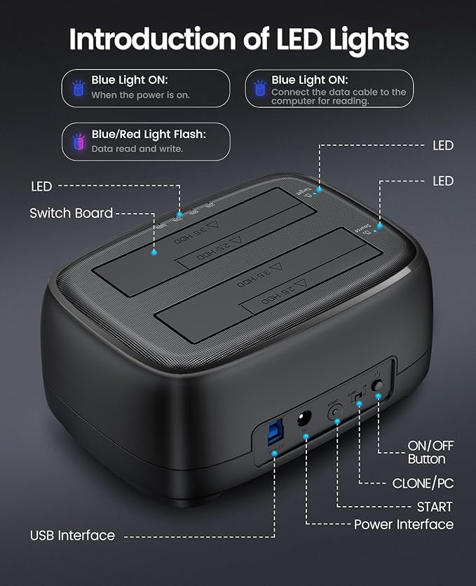 ORICO Hard Drive Docking Station Dual Bay USB 3.0 to SATA with Duplicator/Offline Clone Function External Hard Drive Dock for 2.5''/3.5'' HDD SSD Max Up to 44TB Support UASP Plug&Play-DD-C