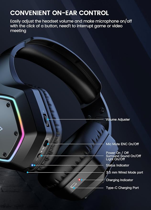 EKSA Wireless Gaming Headset, 2.4GHz USB Gaming Headphones with Microphone for PC, PS5, PS4, Nintendo Switch, 7.1 Surround Sound PC Headset, RGB Light, Ergonomic Design, 3.5mm Wired for Xbox Serie