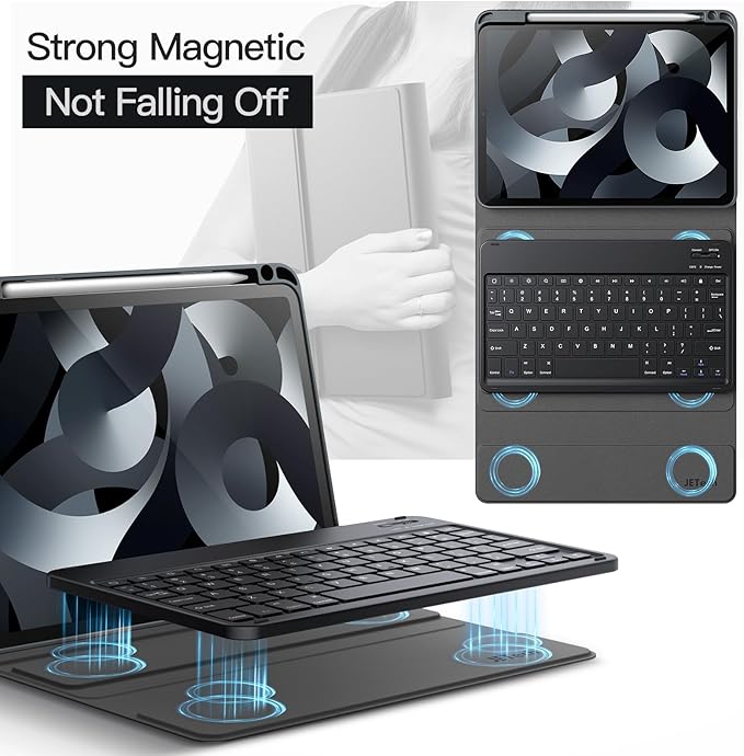 JETech Keyboard Case for iPad Air 11-Inch M3/M2 (2025/2024), iPad Air 5th/4th (10.9-Inch 2022/2020) with Pencil Holder, Magnetic Detachable Bluetooth Keyboard, TPU Back Stand Cover (Space Gray)