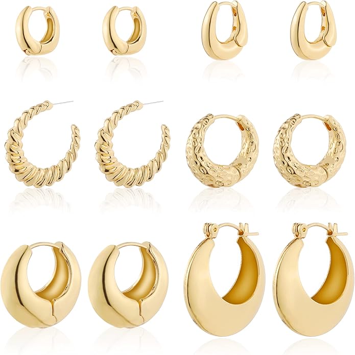 Wgoud 6 Pairs Gold Hoop Earrings Set for Women, 14K Gold Plated Hypoallergenic Lightweight Chunky Open Huggie Hoops Earrings Jewelry for Gifts.