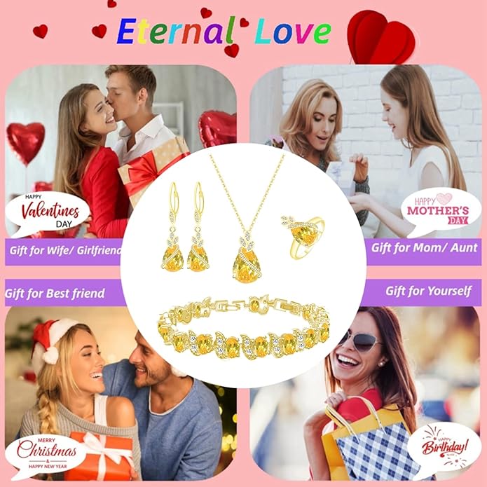 LMXXVJ Jewelry Set for Women,Teardrop Cubic Zirconia Necklace Earrings Adjustable Ring Bracelet Jewelry Set Formal Jewelry Gift
