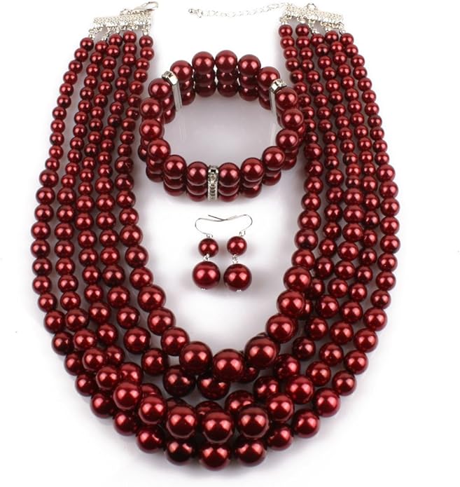 Exaggerated Imitation pearl multi-layer Necklace+bracelet+earring Large pearl necklace Wedding jewelry set for Women's and girls gifts（Multicolor optional）