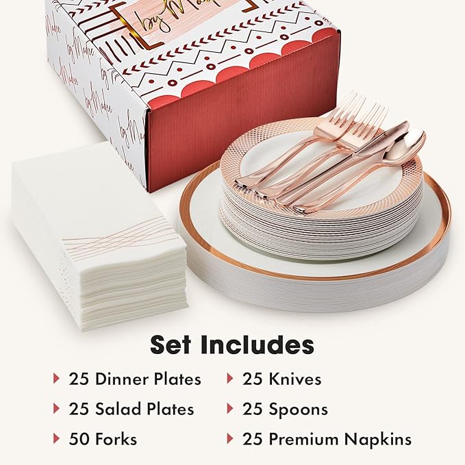 By Madee PREMIUM Elegant Plastic Dinnerware Set - 175 Pc Rose Gold Party Plates and Utensils Set with Luxury Napkins - Perfect for Weddings, Bridal & Baby Shower (25 Guests)