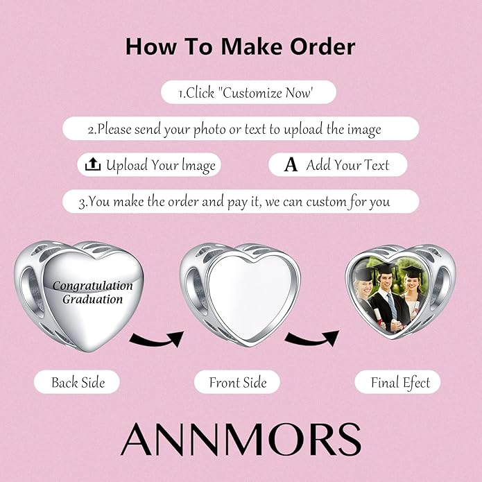 Annmors Personalized Photo Charms For Bracelets/Necklace 925 Sterling Silver Love Heart Shaped Engraved Customize Picture Gift for Birthday Mother's Day,Bead Charms Jewelry for Women