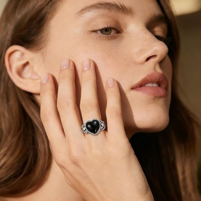 925 Sterling Silver Oxidized Black Onyx Rings for Women - Round & Heart 9mm Onyx Vintage Retro Design, Ideal for Daily Wear