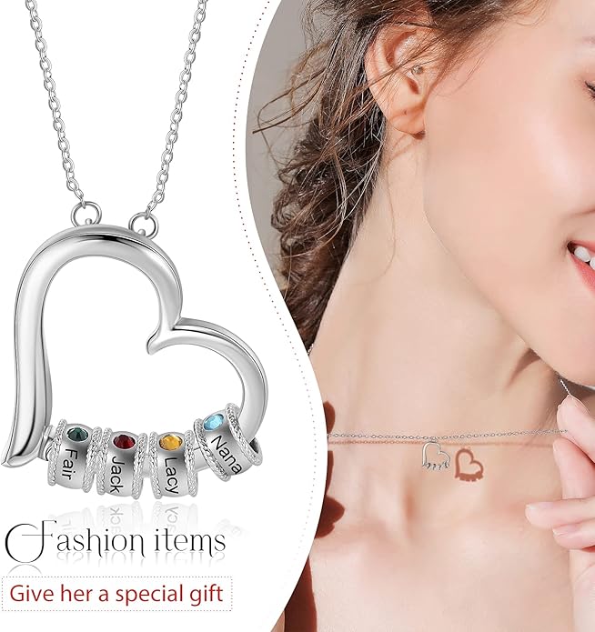 Personalized Women's Pendant Necklace 925 Sterling Silver with 1-5 Simulated Birthstone Names Customized Heart Shape Cubic Zirconia Necklace