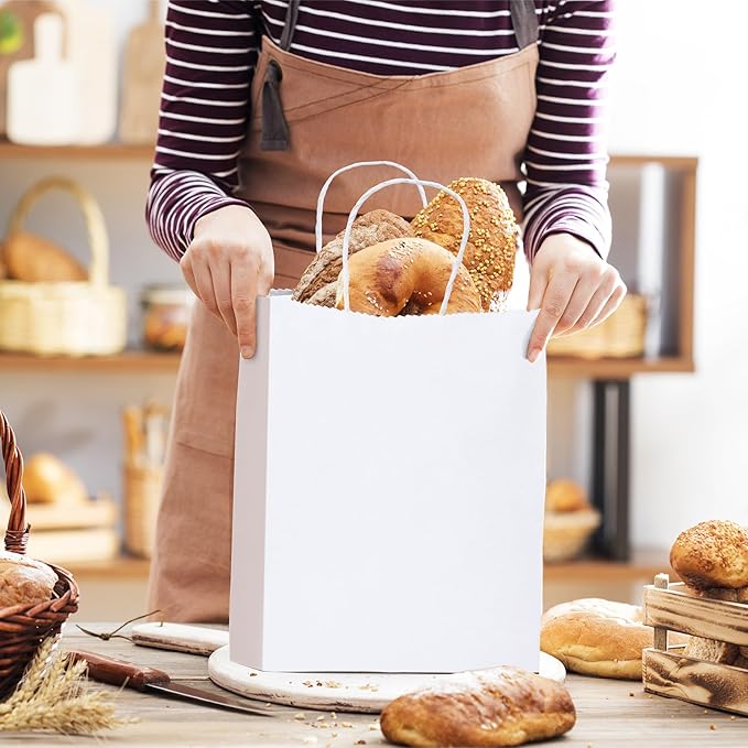 METRONIC 10x5x13 Inch White Paper Gift Bags 50Pcs Gift Wrap Bags with Handles, Kraft Paper Bag for Small Business, Heavy Duty Bulk Bag for Birthday Party Favors, Shopping, Retail