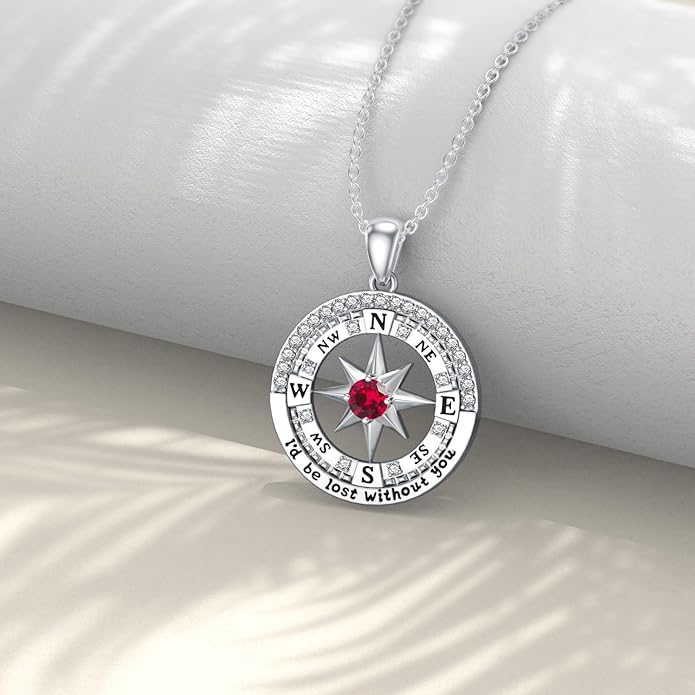 Compass Birthstone Necklace Gift for 2025 Graduation 925 Sterling Silver Compass ‘I'd be Lost Without You’ Pendant Necklaces Jewelry for Women Her Wife Gift for Birthday Anniversary