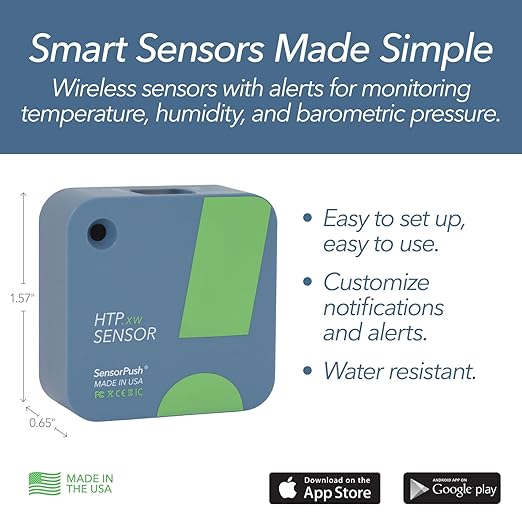 SensorPush HTP.xw Smart Temperature Sensor & Humidity Sensor - Bluetooth Thermometer, Barometer, & Hygrometer with App Monitoring - Premium Barometric Pressure Gauge, Temperature and Humidity Monitor