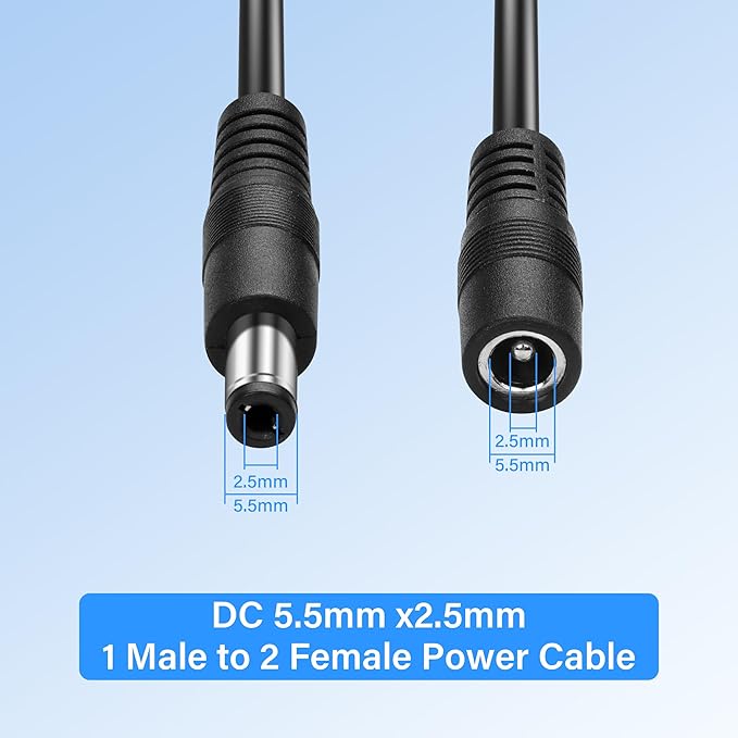 PNGKNYOCN DC 5.5x2.5mm 1 Male to 2 Female Power Supply Splitter Cord 30CM, Y Splitter Adapter Cord ，for CCTV Cameras DVR, LED Light Strip (2-Pack)