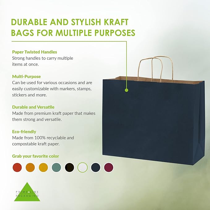 Prime Line Packaging Paper Gift Bags, Navy Blue Kraft Paper Bags with Handles, Shopping Bags for Small Business, Retail Use, Birthday Parties, Restaurants, Take-Out, Merchandise, Bulk, 16x6x12, 100 Pack