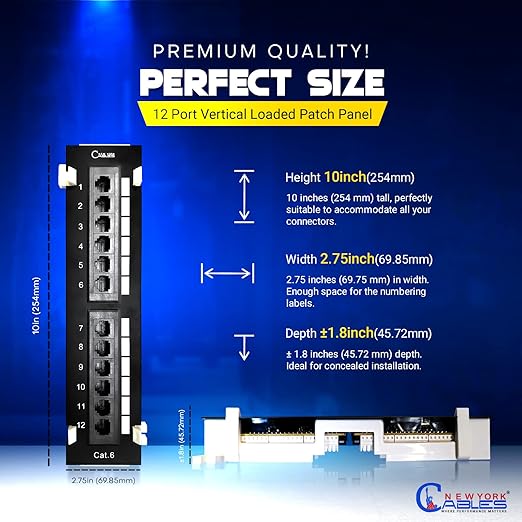 NewYork Cables 12 Port Vertical Cat6 Patch Panel – 10Gb Ethernet, 1U Wall Mount, T568A/B Color-Coded, Unshielded Keystone, 110/Krone Compatible, with Back Bar, Cable Ties & Screws