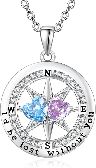 Compass Necklace for Women, Exquisite S925 Valentines Day Anniversary Birthday Gifts for Wife Her Double Birthstone Pendant Jewelry ‘I'd be Lost Without You’