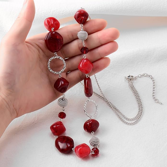 BULINLIN Beaded Long Necklace for Women Silver Sweater Chain Necklace with Crystal Resin Beads, Fashion Jewelry Necklace