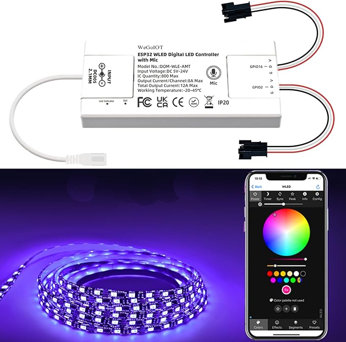 ESP32 Ultra-Thin WLED Digital Light Strip Controller with Mic Sound Mode DC5-24V RGB IC Digital Dynamic Light WS2811 WS2812B SK6812 SM16703P Flexible DIY FCOB Addressable LED Strip