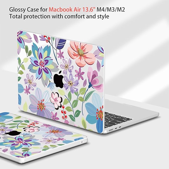 Teryeefi for M4 M3 M2 MacBook Air 13 inch Case 2025 2024 2023 2022 Release A3240 A3113 A2681 Model, for 13.6 inch MacBook Air Hard Shell Case + Keyboard Cover +Type C Adapter, Pretty Flowers Clear-104