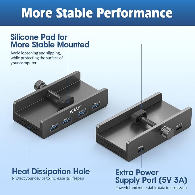 EJAY 4Ports USB3.0 Splitter Alu Clamp Desktop USB HUB for Desk/Monitors Clipping with Extra Power Supply Port and 2 Long Cables(59inches Data & 39inches Power Cables)