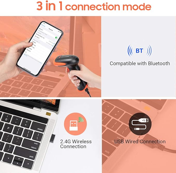 Tera Wireless 2D QR Barcode Scanner with Stand, 3 in 1 Compatible with Bluetooth & 2.4GHz Wireless & USB Wired Barcode Reader Handheld Bar Code Reader HW0001