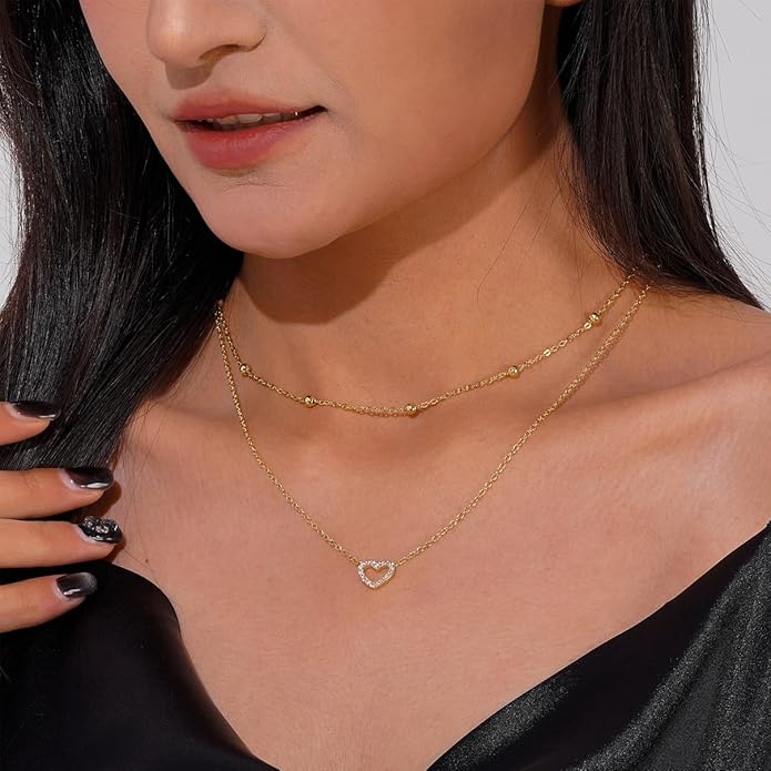 Layered Gold Necklaces for Women, Stackable 14K Gold Plated Necklace, Dainty Cross/Circle/Heart Pendant layered Necklace, Adjustable Dainty Gold/Silver Necklace Jewelry Set for Women