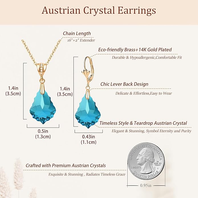 EVEVIC Austrian Crystals Baroque Pendant Necklace Earrings for Women 14K Gold Plated Hypoallergenic Leverback Drop Dangle Earrings Jewelry Set
