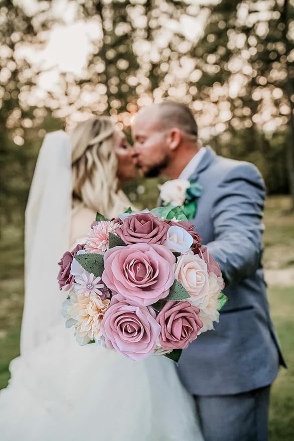 Roses Artificial Flowers Dusty Pink Bouquet Box Set Fake Flower for DIY Bridal Wedding Shower Decorations Faux Silk Floral Arrangements for Party Table Centerpieces Home Decor Indoor Blush