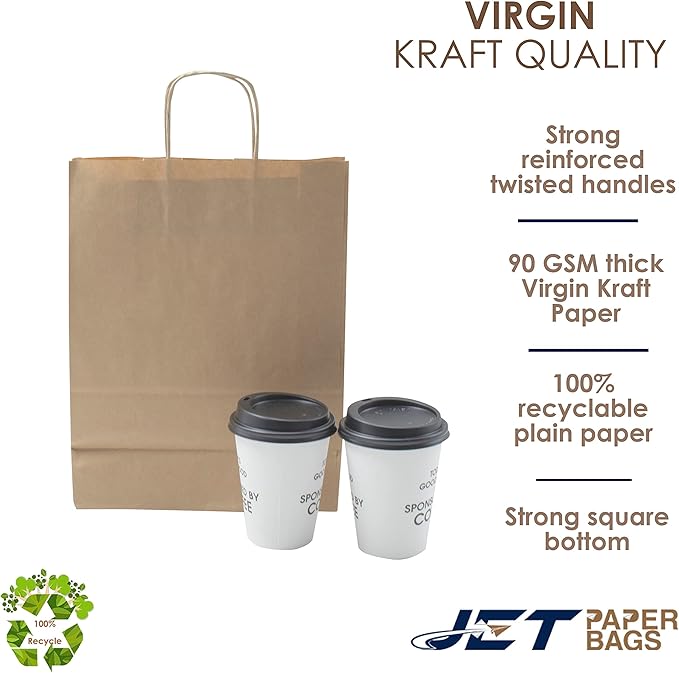 JET PAPER BAGS - 10”x5”x13” Inch [25 Pcs] Brown Paper Bags with Handles Prime for Takeout, Grocery, Goody, Retail, Party, Gifts, Weddings - Recyclable Kraft Paper Gift Bags with Handles