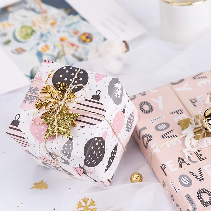 WRAPAHOLIC Christmas Wrapping Paper Set - Rustic Kraft Pink and Grey Christmas Kraft Wrapping Paper Bundle with Gift Bow & Ribbon & Tag & Sticker, Perfect for Birthday, Holiday, Party