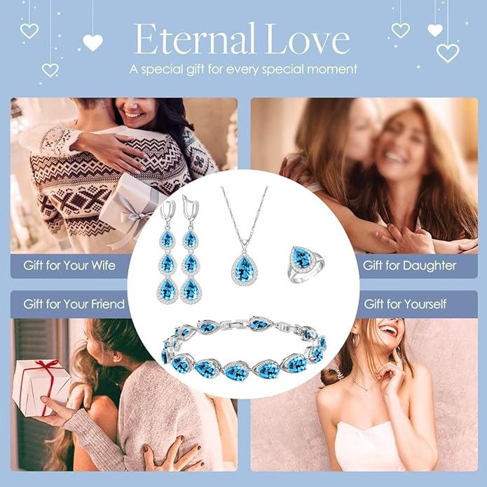 LMXXVJ Necklace Long Earrings Bracelet Set, White Gold Plated Created Blue Sapphire Jewelry Set Wedding Party Gift Jewelry for Women Bridal Bridesmaid