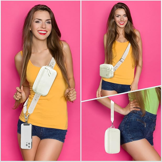 Clip and Go Strap for Phone with Wallet Crossbody, Adjustable Phone Lanyard with Detachable RFID Wristlet Wallet, Pattern Strap - Cream (L)