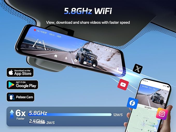 Pelsee S12 Pro 4K Mirror Dash Cam with STARVIS 2 Sensor, 5.8GHz WiFi Rear View Mirror Camera Front and Rear Dash Camera, ADAS & BSD, 1080P Backup Camera with WDR, Voice Control, 64G Meomory Card