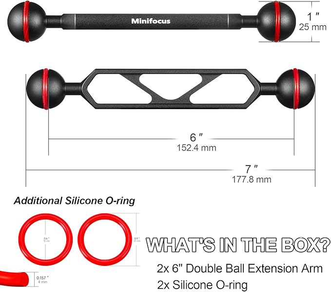 MINIFOCUS 6" Double Ball Aluminum Extension Arm, 1" Ball Head Connector Underwater CNC Arm System Ball Head Extension for Strobe/Video Light/Diving Camera Tray, Waterproof and Rustproof (2pack)