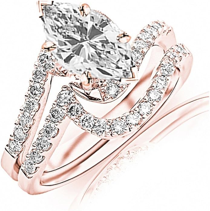 14K White Gold 2.25 Carat LAB GROWN DIAMOND Curving Pave & Prong-set Round Marquise Cut Diamond Engagement Ring and Wedding Band Set (E-F Color VS2-SI1 Clarity 1.5 Ct Center)