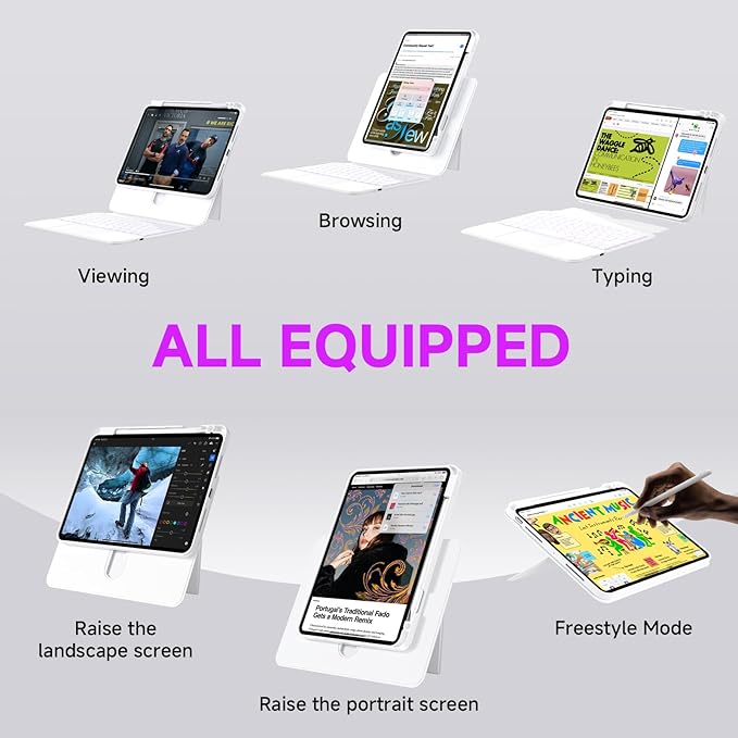ONLY fit for iPad 12.9 inch Pro 6/5/4/3rd Gen & 13 inch iPad Air (2025 M3, 2024 M2) Case with Detachable Keyboard Trackpad, 360 Rotate Cover Pencil Holder 12 Shortcut Key 7 Color Backlit, White