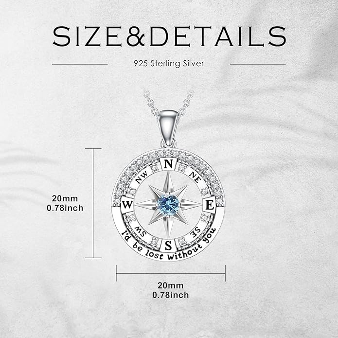 Compass Birthstone Necklace Gift for 2025 Graduation 925 Sterling Silver Compass ‘I'd be Lost Without You’ Pendant Necklaces Jewelry for Women Her Wife Gift for Birthday Anniversary