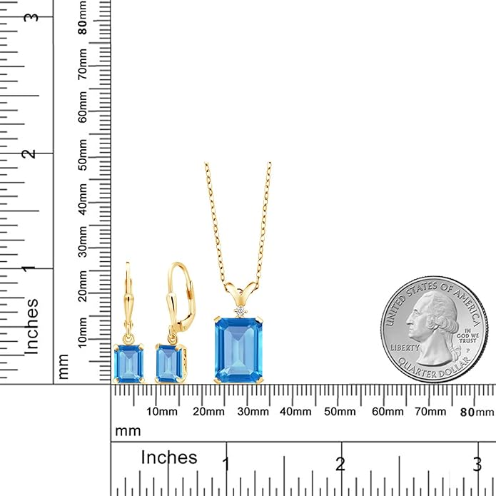 Gem Stone King 9-13 Cttw Pendant and Earrings Jewelry Set For Women | Emerald Cut 14X10MM and 8X6MM | Round 1.5MM | Gemstone Birthstone and Diamond | 925 Sterling Silver | 18 Inch Silver Chain