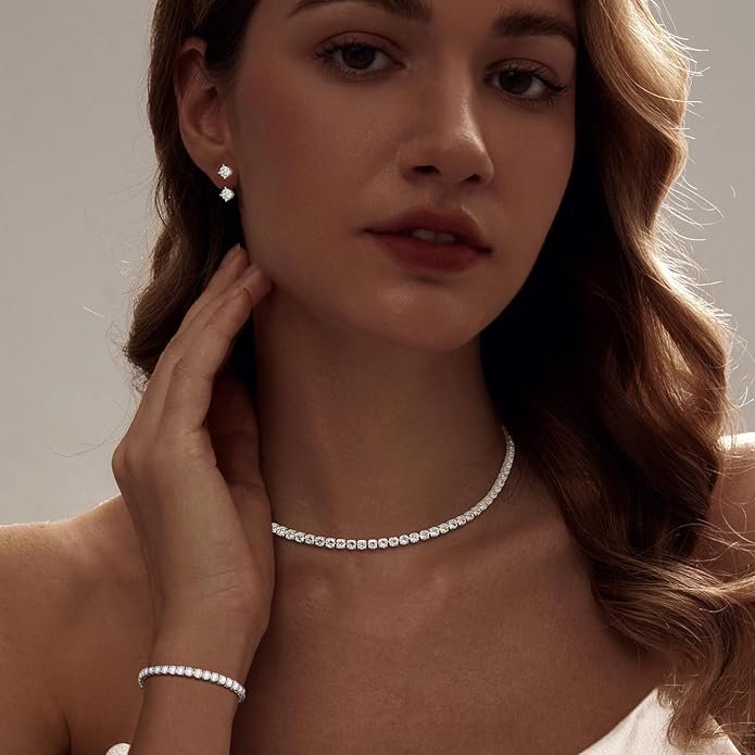 Tennis Necklace Bracelet for Women, Dainty Sterling Sliver Choker Necklace Crystal Link Bracelet Stud Earrings for Women Wedding Jewelry for Bride Jewelry Set Accessories