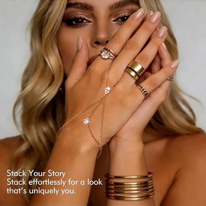 YOIHUR Champagne Gold Plated Hand Chains for Women, Adjustable Hand Chain Bracelet and Ring, Gold Hand Chain Bracelets Stack Jewellery Stars and Cubic Zirconia Hand Jewelry for Valentine's Day
