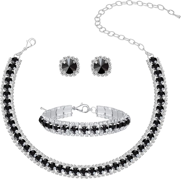 Women Rhinestone Crystal Jewelry Set Crystal Tennis Design Rhinestone Choker Necklace Link Bracelet Teardrop Earrings Set Wedding Bridal Bridesmaids Party
