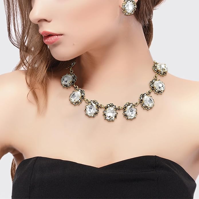 BriLove Victorian Style Statement Necklace Pierced Earrings Jewelry Set for Women Crystal Floral Cameo Inspired Oval Jewellery for Party Prom