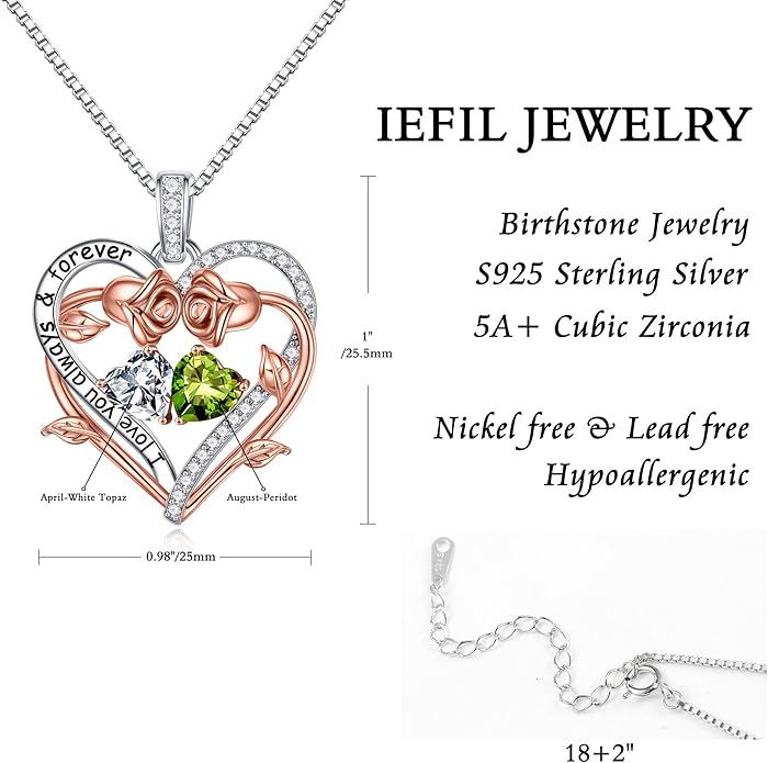 Iefil Valentines Gifts for Her Wife Women - Rose Heart Double Birthstone Necklace Gift for Wife Girlfriend Her Women, Birthstone Jewelry Gemstone Birthday Gifts for Mom Grandma Her