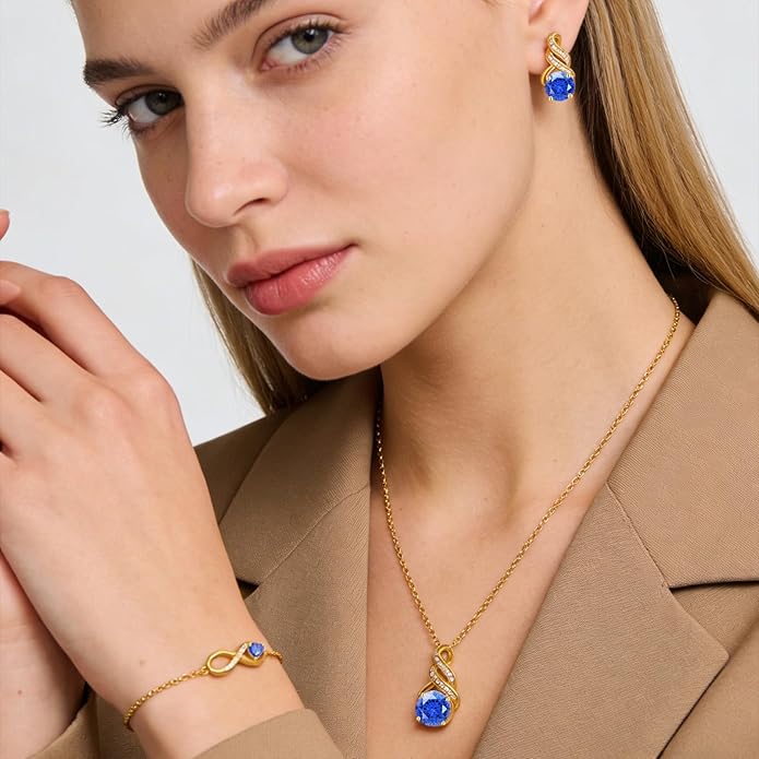 Jewelry Sets for Women-18K Gold Plated Dainty Birthstone Pendant,Trendy Necklace Earrings Infinity Bracelets Set,Ideal Jewelry Gifts for Her Mom