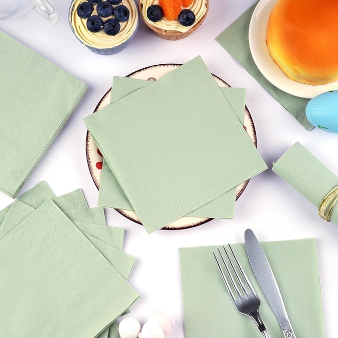100 Pack Cocktail Napkins, 2-Ply 5x5 Inch Beverage Napkins, Square Edged Disposable Paper Napkins for Wedding, Birthday Party, Dinner, Coffee Bar (Sage Green)