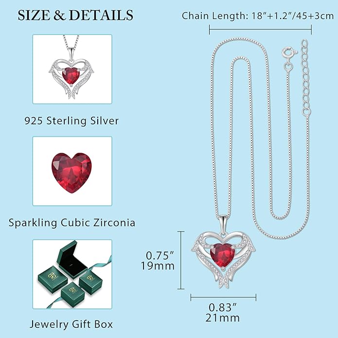 FJ Heart Angel Wings Pendant Necklace 925 Sterling Silver Birthstone Jewelry Gifts for Women