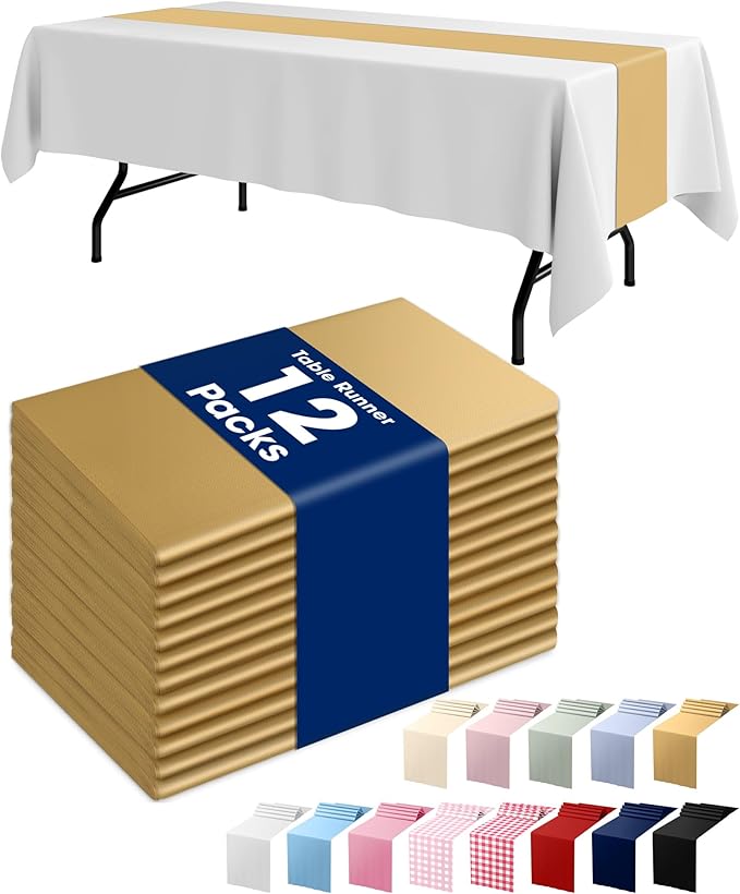Pureegg Gold Plastic Table Runners - 12 Pack, 14'' x 108'', Water Resistant & Disposable Centerpiece Decorations for Table Cloth, Wedding, Birthday, Holiday, Baby Shower, Party, Home Decor
