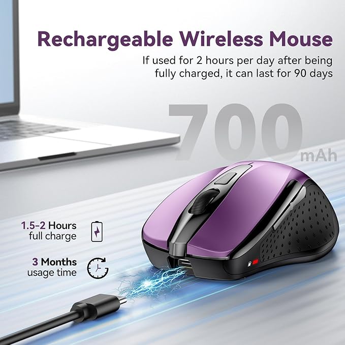Bluetooth Mouse (BT5.0/3.0 & 2.4G) Rechargeable Wireless Mouse, 4800 DPI Optical Tracking, 6 Adjustable DPI, 2.4GHz with USB A Receiver, Quiet Clicks, Ergonomic Grips, 6 Buttons - Purple