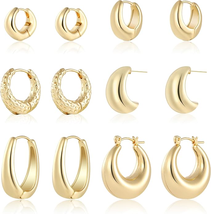 Wgoud 6 Pairs Gold Hoop Earrings Set for Women, 14K Gold Plated Hypoallergenic Lightweight Chunky Open Huggie Hoops Earrings Jewelry for Gifts.