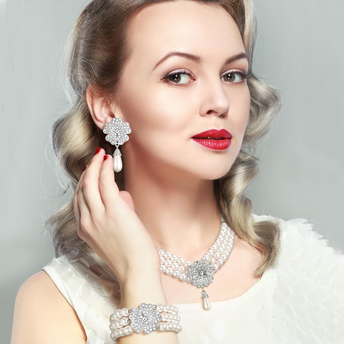 Maitys 3 Pcs 1920s Pearl Jewelry Set Includes Vintage Flapper Earrings Multilayer Imitation Pearl Necklace Bracelet for Women