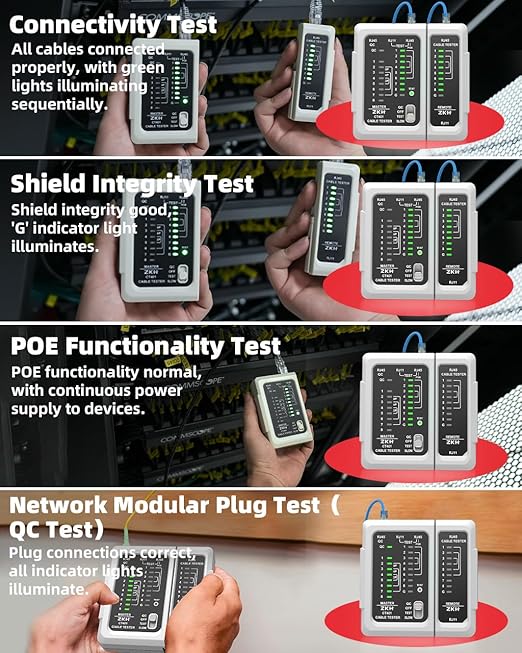 ZKH RJ45 Network Cable Tester, LAN & TEL Continuity Tester, Ethernet Cable Tester for RJ45, RJ11, RJ12, CAT5, CAT6, POE Test UTP/STP Shielded Ethernet Wires Test Tool